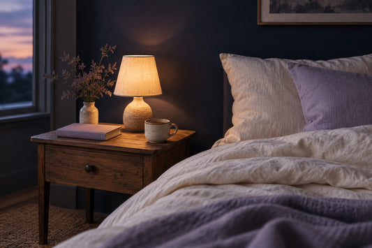 Table de chevet au crépuscule : lampe allumée, livre fermé et tasse de tisane près d'un lit en lin crème