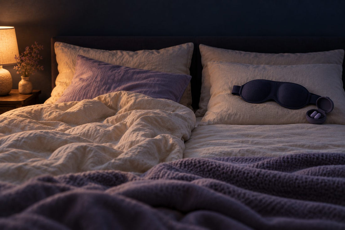 Lit double la nuit : un côté défait, l'autre avec un masque de sommeil et un étui de bouchons d'oreilles