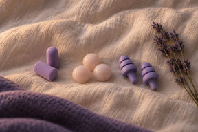 Trois types de bouchons d'oreilles sur du lin crème : mousse, cire et silicone à collerettes