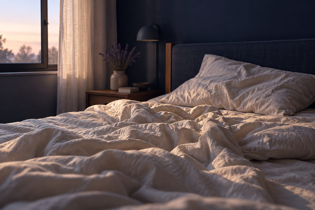 Lit défait dans la lumière du petit matin, draps en lin froissés et oreiller repoussé