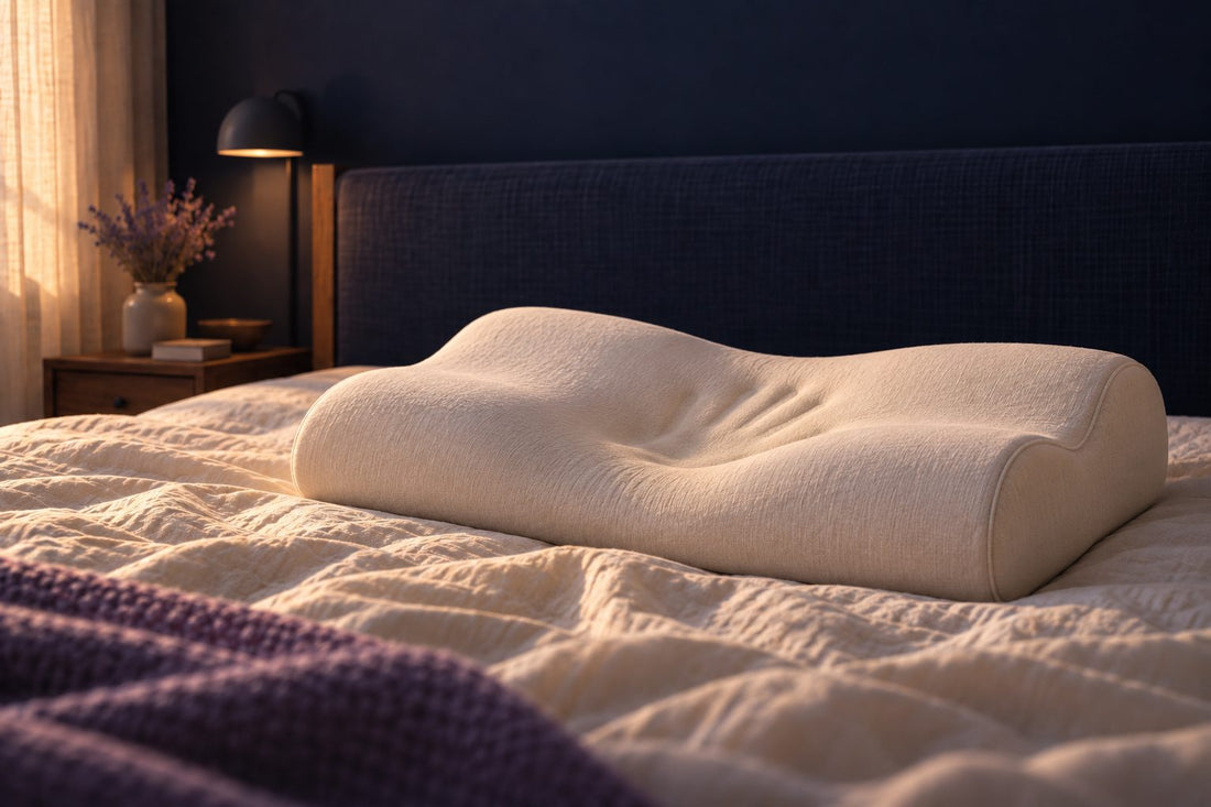 Oreiller à mémoire de forme en vague, housse crème, posé sur un lit
