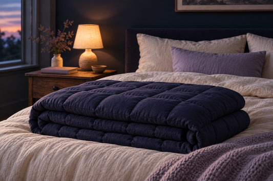 Couverture lestée bleu nuit à petits carrés, pliée au pied d'un lit en lin crème