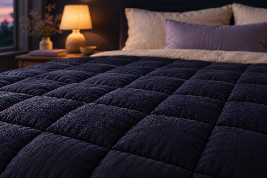 Gros plan sur les carrés cousus d'une couverture lestée bleu nuit étendue sur un lit