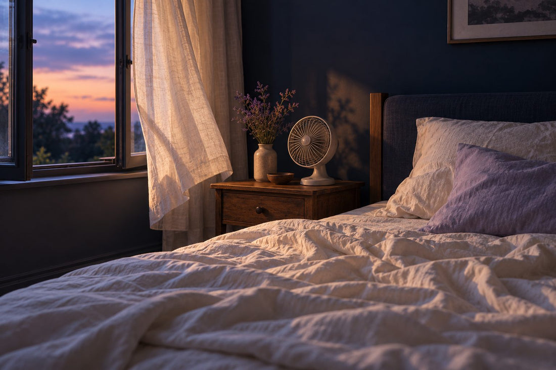 Chambre un soir d'été : fenêtre ouverte, voilage soulevé par l'air, drap léger et petit ventilateur