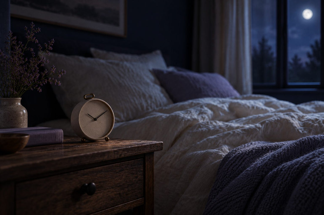 Réveil à aiguilles sur une table de chevet dans une chambre sombre éclairée par la lune