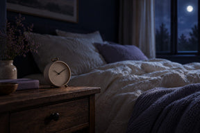 Réveil à aiguilles sur une table de chevet dans une chambre sombre éclairée par la lune
