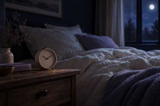 Réveil à aiguilles sur une table de chevet dans une chambre sombre éclairée par la lune