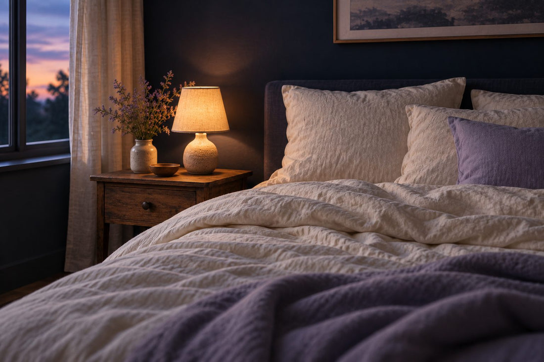 Lit ouvert à la tombée de la nuit, couette en lin crème rabattue, lampe à faible lueur