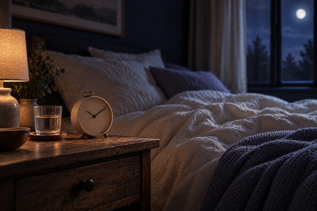 Lit défait à la nuit tombée, lampe de chevet allumée, réveil à aiguilles et verre d'eau sur la table de chevet