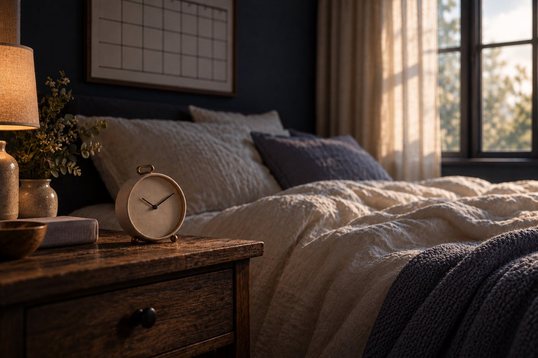 Lit aux draps froissés un matin de week-end, réveil sur la table de chevet, calendrier au mur, soleil dans le rideau