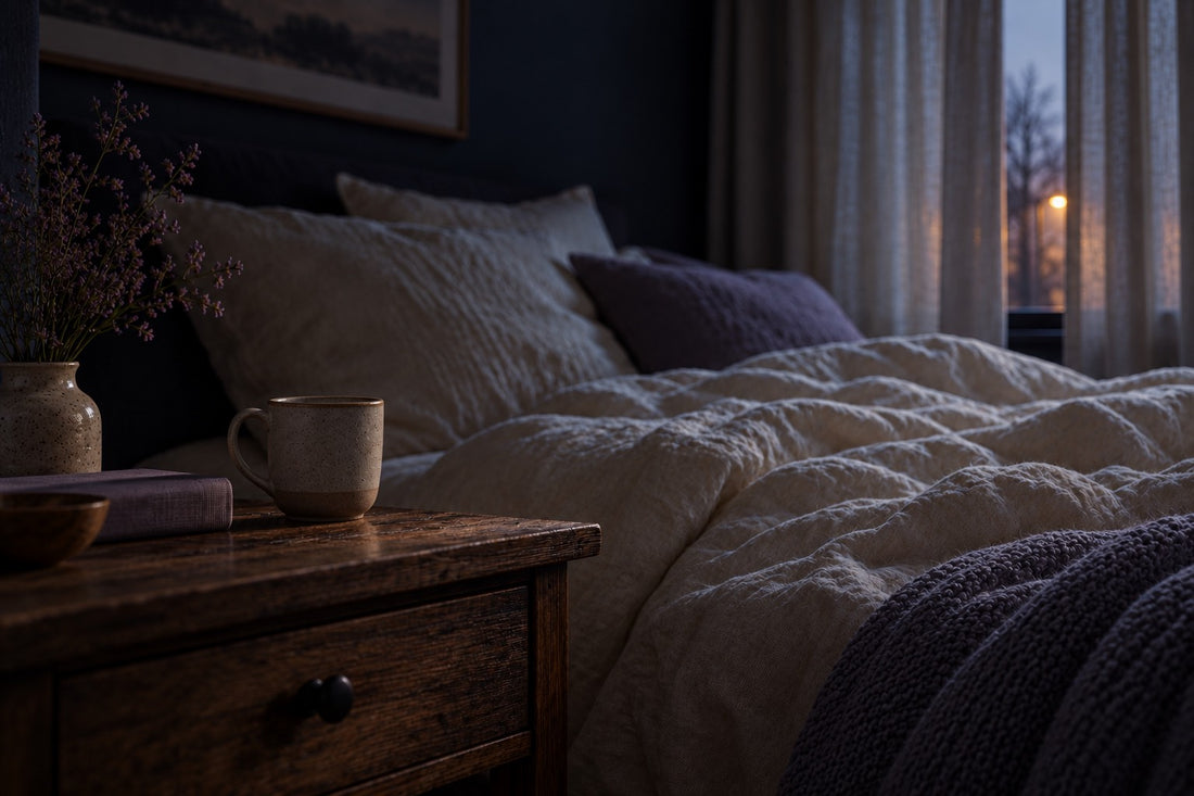 Lit défait au petit matin, tasse sur la table de chevet, lueur d'un lampadaire derrière un rideau fin mal fermé
