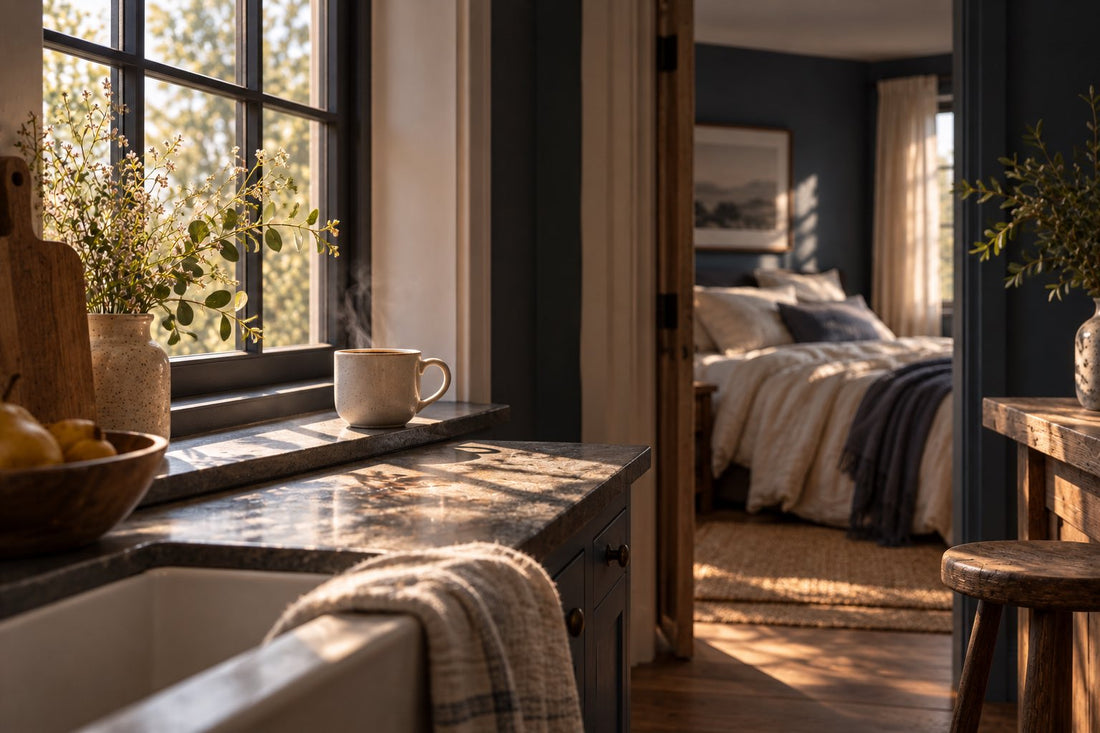 Tasse de café sur le rebord d'une fenêtre de cuisine en plein jour, lit défait visible par la porte ouverte derrière