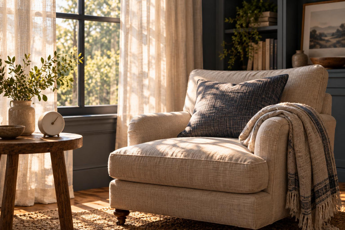 Fauteuil près d'une fenêtre en début d'après-midi, plaid plié sur l'accoudoir, minuteur sur une table d'appoint