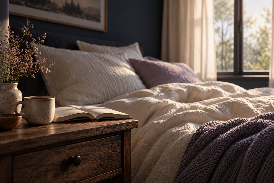 Chambre lumineuse un dimanche matin, rideaux clairs entrouverts, lit défait aux draps de lin, tasse de café et livre ouvert sur la table de nuit