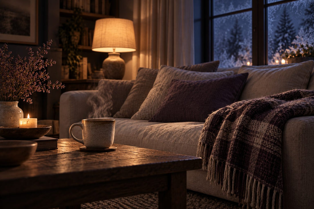 Salon calme un soir d'hiver, plaid plié sur l'accoudoir d'un canapé, tasse fumante sur la table basse, fenêtre givrée, lampe à lumière chaude