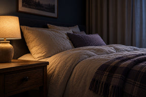 Chambre calme, lampe de chevet à lumière chaude, lit fait aux draps crème, plaid plié au pied du lit, rideaux fermés, table de nuit dégagée