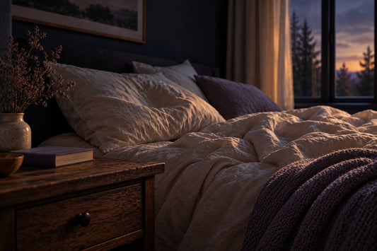 Lit défait aux draps clairs dans une chambre calme, lumière douce de fin de journée, oreiller creusé, couette repoussée, livre fermé sur la table