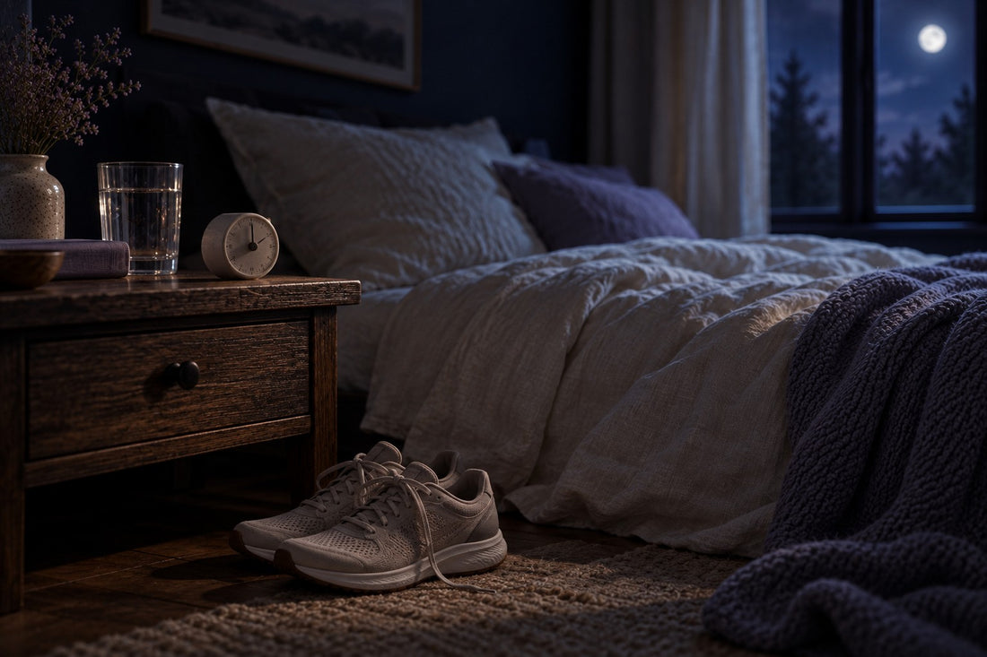 Paire de chaussures de running posée près d'un lit, minuteur et verre d'eau sur la table de nuit