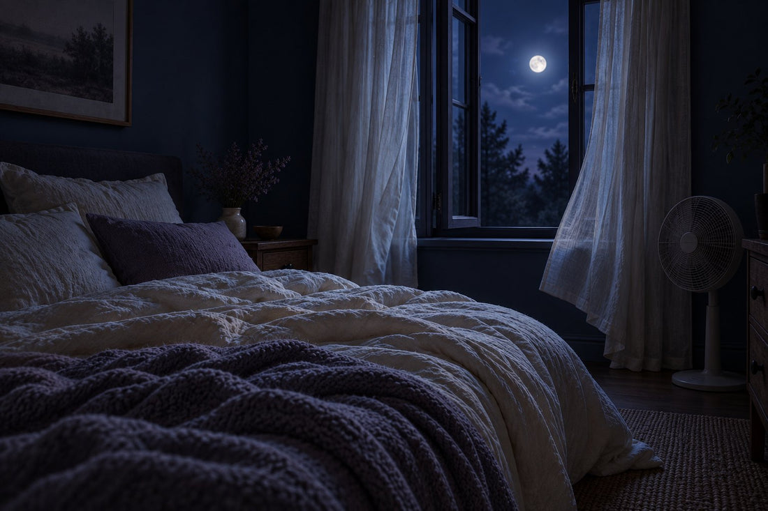Chambre obscure avec fenêtre ouverte la nuit, ventilateur silencieux dans le coin