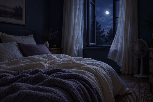 Chambre obscure avec fenêtre ouverte la nuit, ventilateur silencieux dans le coin