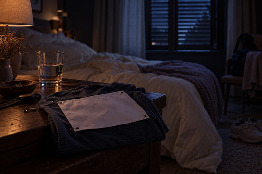 Dossard de course posé sur une table de nuit, fenêtre d'hôtel avec volets baissés