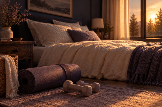 Matelas de yoga enroulé, paire d'haltères allégées, chambre baignée de lumière de fin d'après-midi