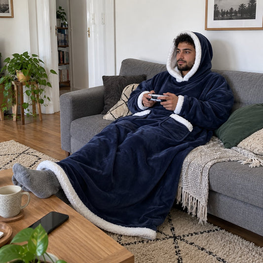 Sweat-plaid géant à capuche bleu marine, homme sur un canapé avec une manette