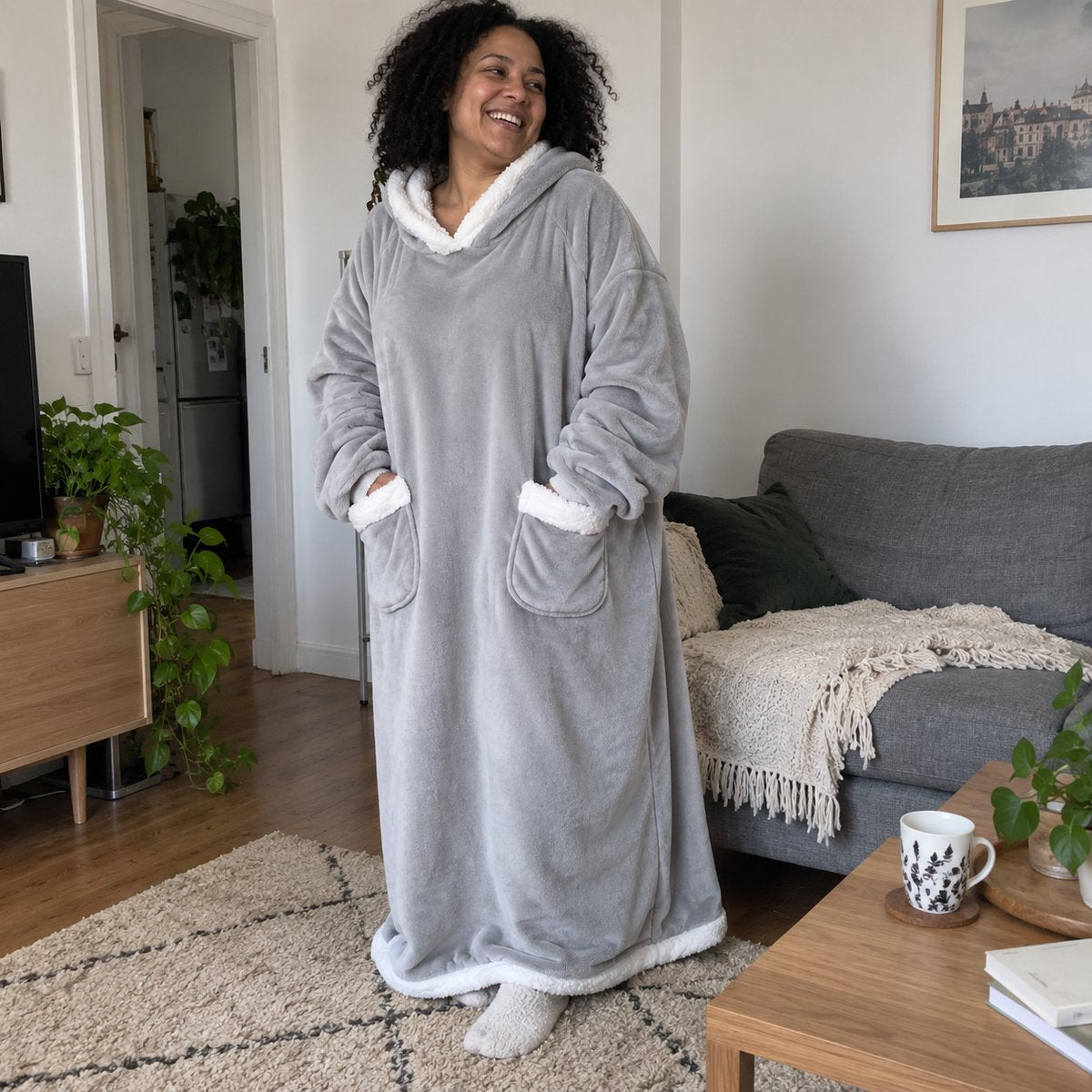 Sweat-plaid géant à capuche gris, femme debout dans son salon