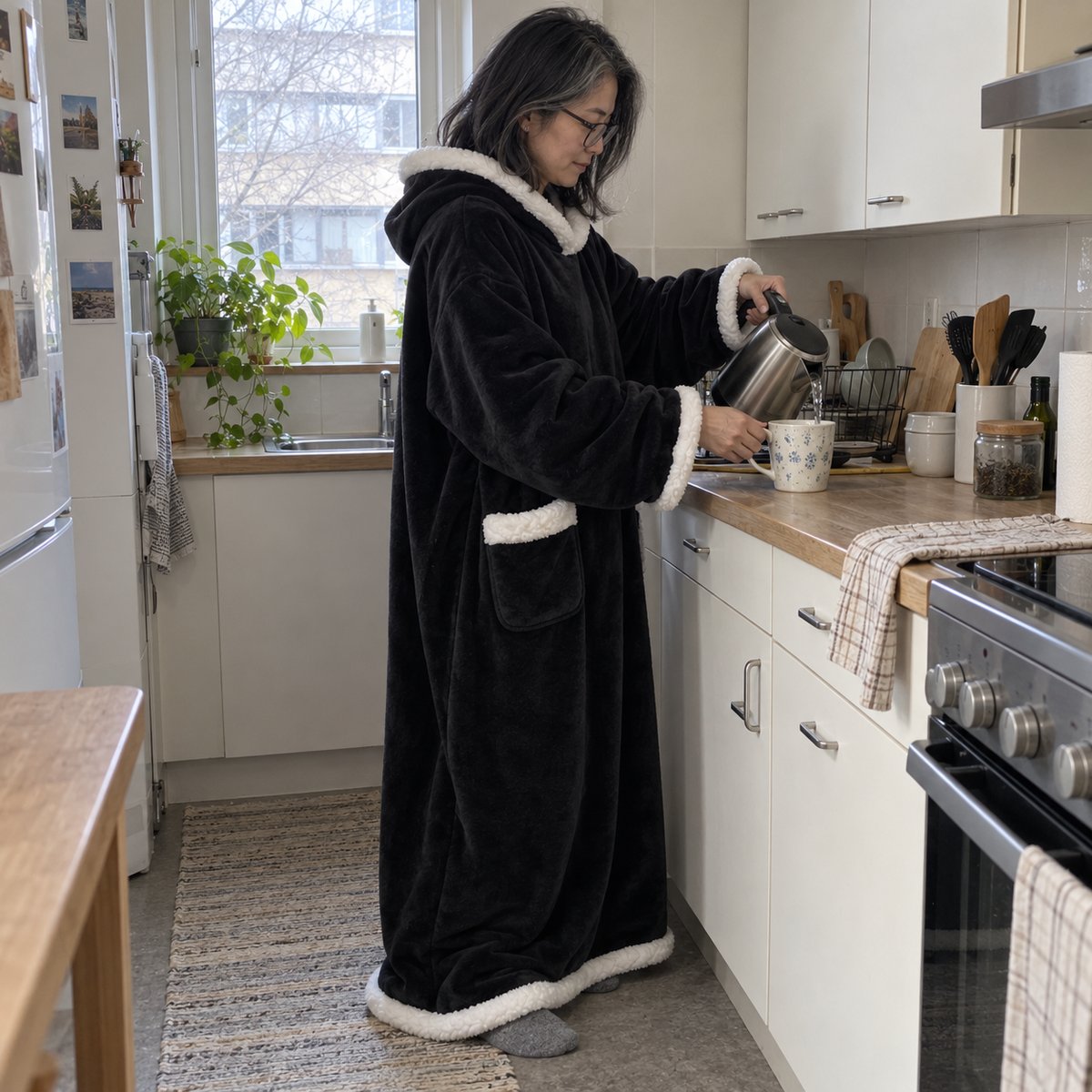 Sweat-plaid géant à capuche noir, femme qui verse du thé dans sa cuisine