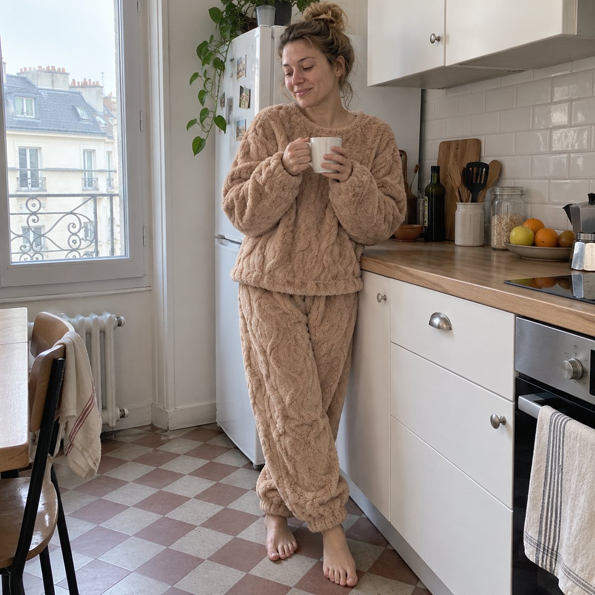 Pyjama pilou torsadé camel, femme debout dans sa cuisine avec une tasse