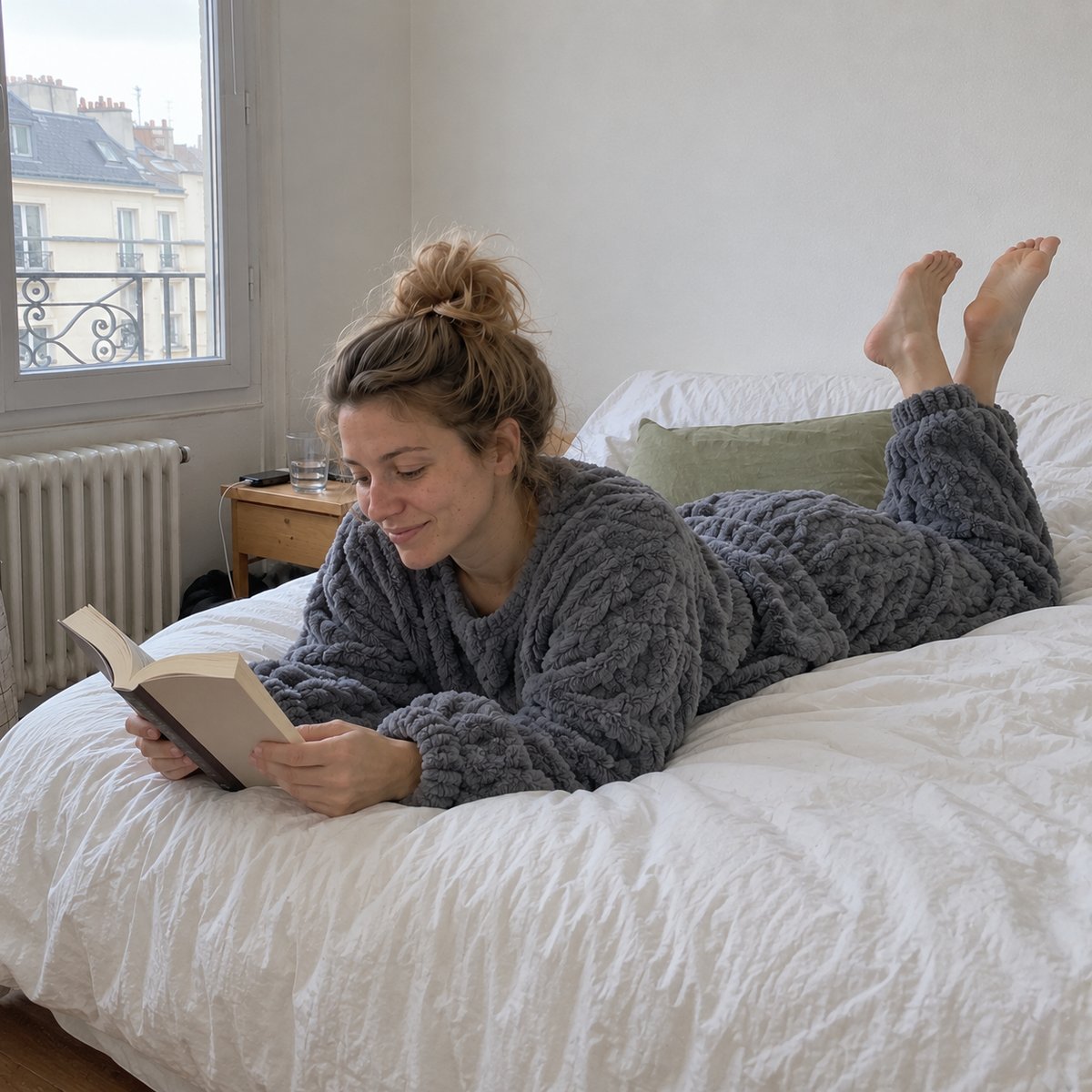 Pyjama pilou torsadé gris, femme allongée sur le lit qui lit