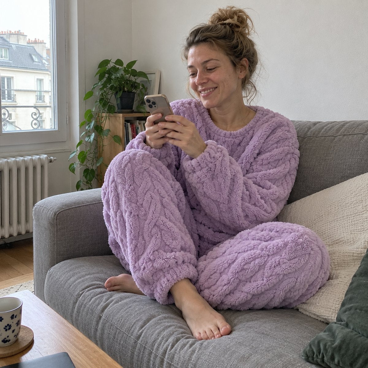 Pyjama pilou torsadé lilas, femme assise sur un canapé avec son téléphone