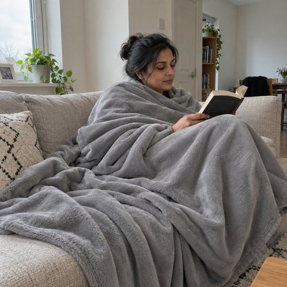 Plaid tout doux gris, femme enveloppée sur un canapé avec un livre