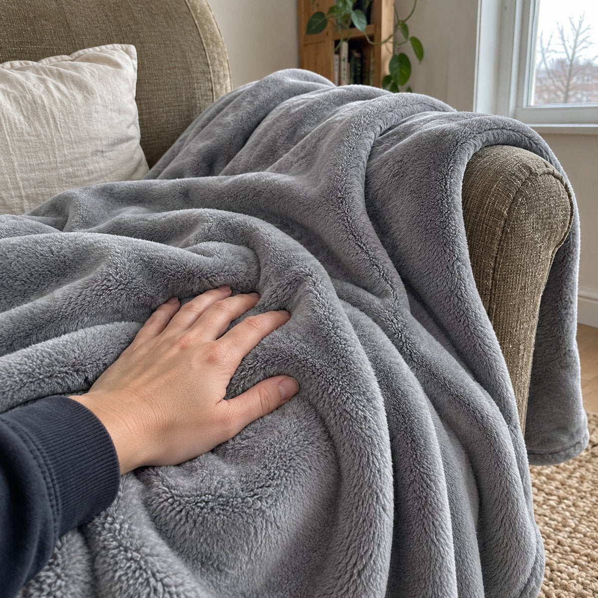 Plaid tout doux gris, gros plan sur la matière