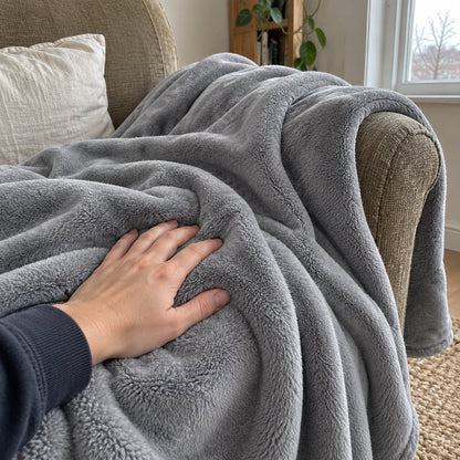 Plaid tout doux gris, gros plan sur la matière